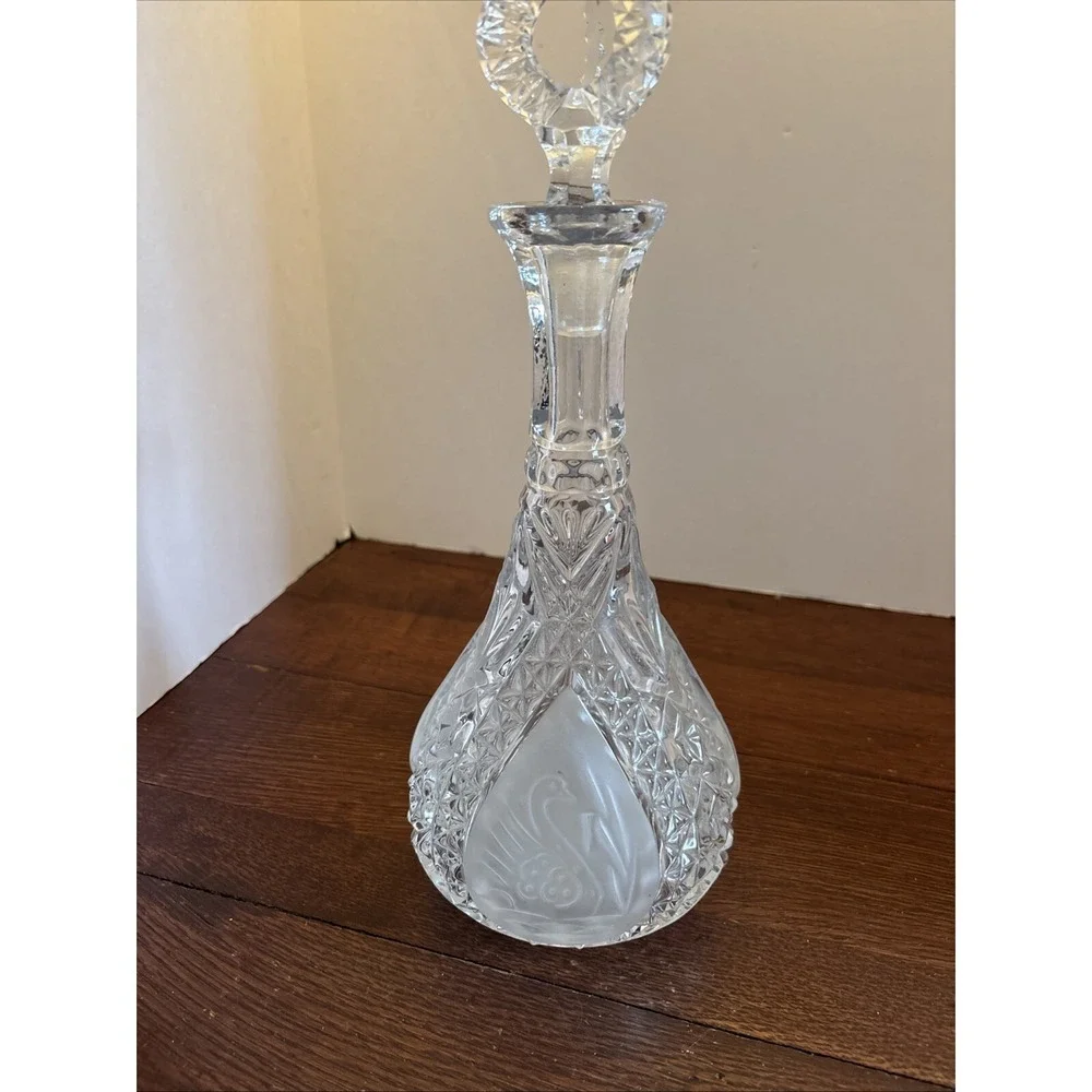 Vintage German Cut Lead Crystal Decanter Ornate Swan Frosted Accents‎ 14